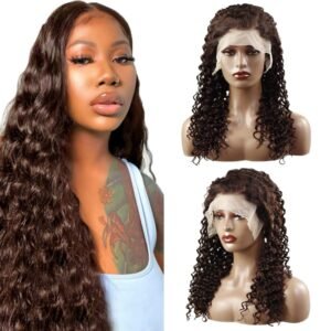 22 Inch #4 Brown Deep Curly Lace Front Wigs Human Hair